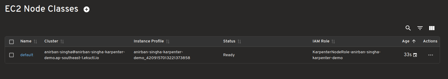 EC2 Node Classes data including Name, Cluster, Instance Profile, Status, IAM Role, Age, and Actions